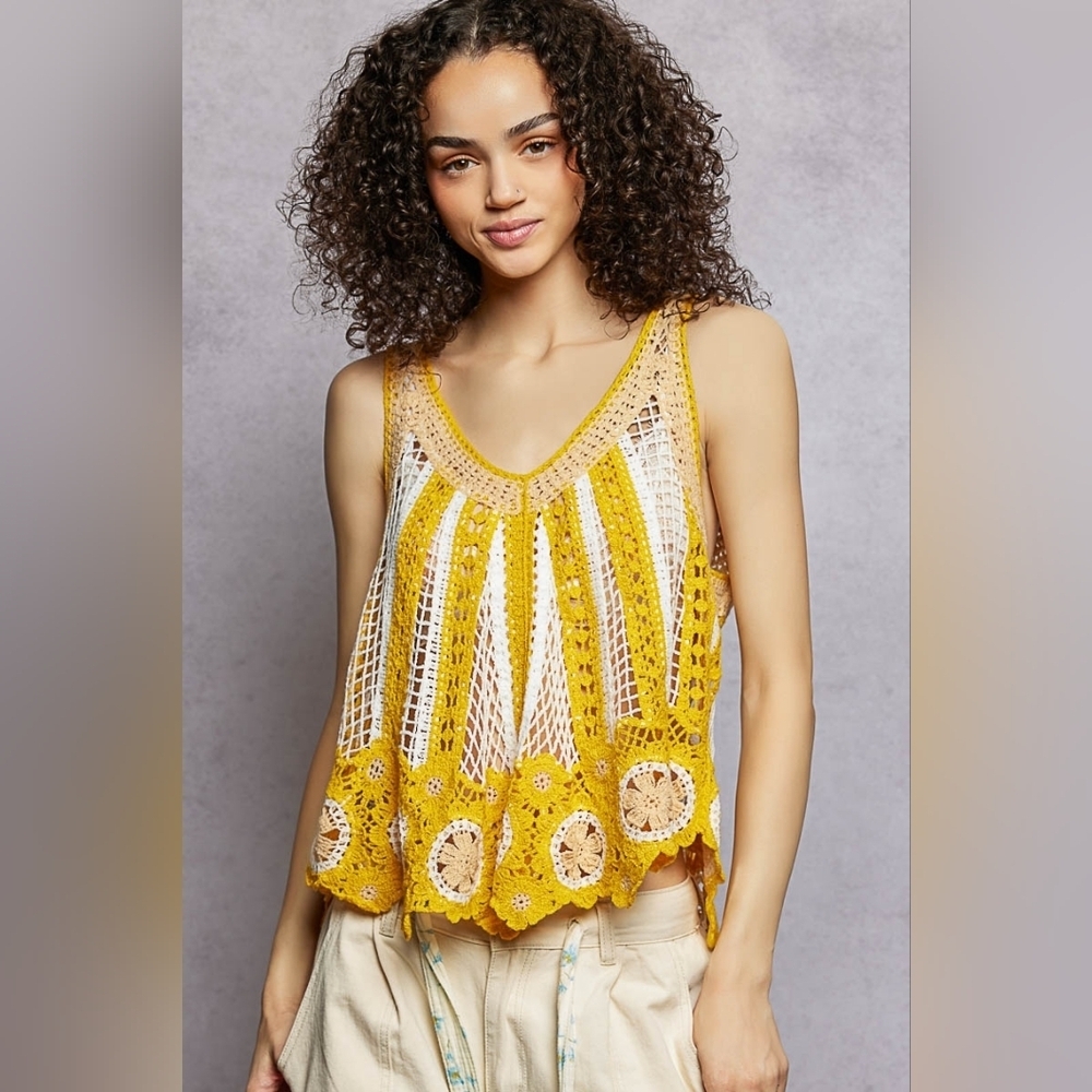 POL Yellow V-neck Scalloped Edge Crochet Lace Open Knit Tank Top
